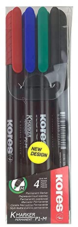 Kores - Coloured Permanent Marker Pens - K-Marker P1, Fine Fibre Tip with Low-Odour Ink - Waterproof Marker Pens for All Surfaces - Back to School Supplies, Office Supplies - Pack of 4
