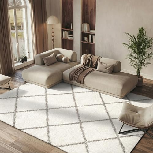 SAFAVIEH Tapis Shag Pour Salon, Salle à manger, Chambre à coucher - Hudson Shag Collection, Tapis à poil long, Ivoire et Gris, 160 x 160 cm
