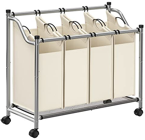 SONGMICS Wäschekorb mit Rollen, Wäschesammler mit 4 abnehmbaren Wäschesäcken, Wäschewagen, für Waschküche Schlafzimmer Badezimmer, 4 x 35 L, sandbeige LSF005S