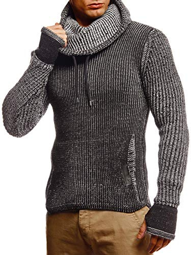 Leif Nelson stickad tröja med sjalkrage för män, modern ulltröja, långärmad, slim fit, Svart ecru, XXL