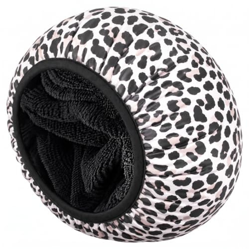 Aquior Shower Cap,Extra Large Triple Layer Bathing Cap with Dry Hair Function for Women Microfiber Terry Cloth Silky Satin 100% Waterproof Reusable Long Hair Bath Caps (Leopard)
