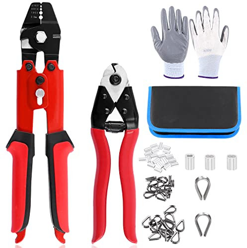 Glarks 83Pcs Up to 2.2mm Wire Rope Crimping Tool and Cable Cutter and Aluminum Double Barrel Ferrule Crimping Loop Sleeve & Stainless Steel Cable Thimbles with Anti-Cutting Gloves Assortment Kit