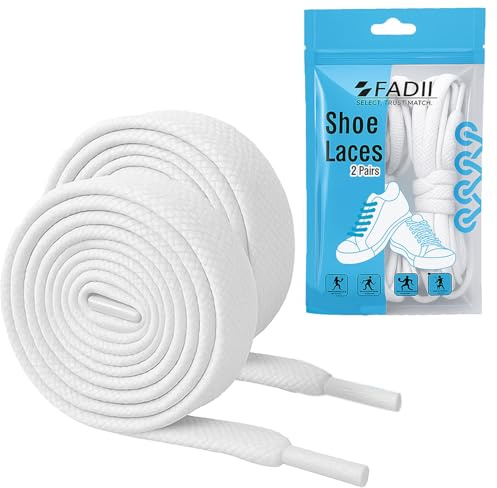 FADII White Shoe Laces 2 Pairs – Flat Trainer Laces for Shoes, Shoelaces for Trainers Men & Women, Heavy Duty Boot Laces 120cm, Long Shoelaces for Work Boots, Flat Laces for Trainers