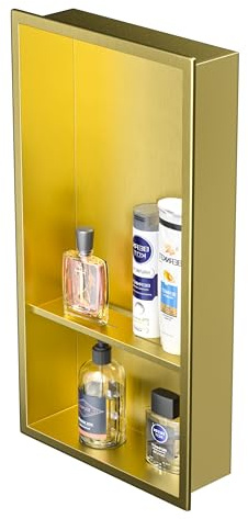 Bernkot Stainless Steel Shower Niche 12 X 24 Gold with Double Shelves No Tile Needed Niche Shower for Bathroom Storage Recessed Shower Shelf Over Mount Installation