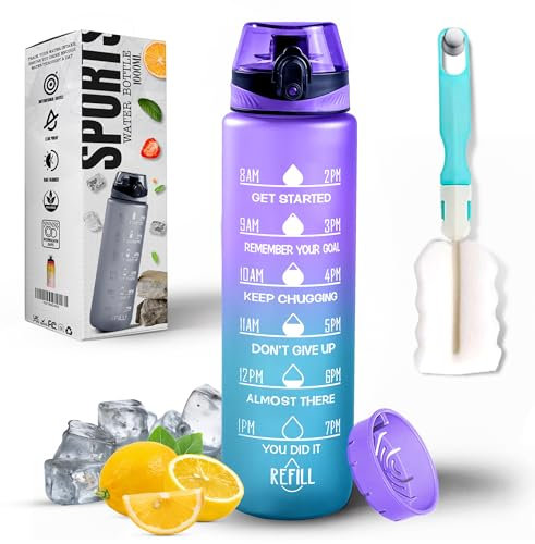 Roe Tenpo Water Bottle 1L, Sports Water Bottle with Time Markings, BPA-Free, Leak-Proof Drinks Bottle, Perfect for Running, Cycling, Gym, Yoga, Camping and Outdoor Activities, Blue-purple