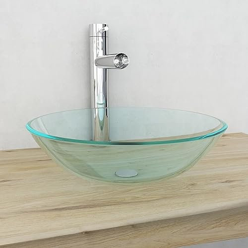 Basin Tempered Glass 42 cm Transparent, CIADAZ Wash Basin, Bathroom Sink,Washbasin, Cloakroom Sink, Counter Top Basin