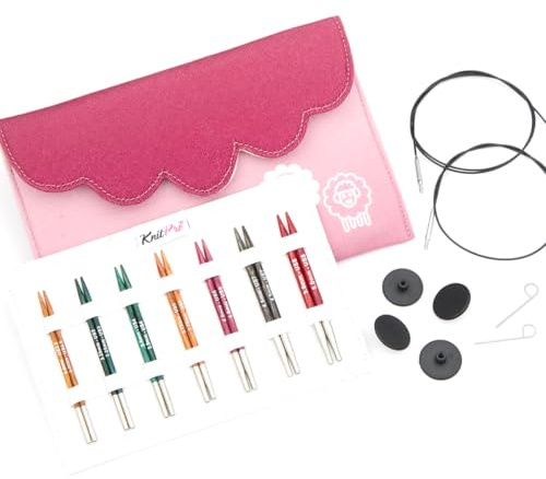 KnitPro Dreamz utbytbara nålset - 7 par 10 cm runda stickor med tillbehör Midi-set, färgkodad för nybörjare, proffs och presentask
