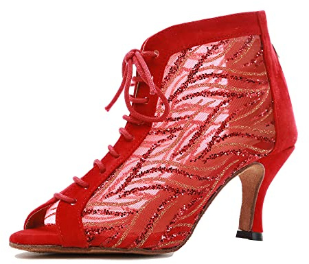MINITOO Zapatos de baile estándar latinos para mujer, sandalias de noche, botines de verano, botas de baile sexy, L263 Rojo 7 5cm Tacón, 43 EU