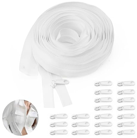 Cerniera Lampo Bianca Continua lunga 5 Metri 20 Cursori in Metallo Catena misura 5,Cerniere in Nylon Zip Tagliabile per Cucito al Metro Larghezza 25 mm Bianco