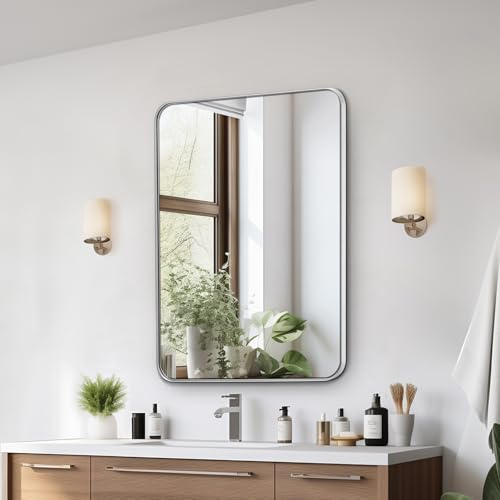 VEVOR Miroir Mural 55,9x76,2x2,5 cm, Miroir de Maquillage avec Contours en Alliage d'Aluminium et Film Antidéflagrant, Résistant aux Rayures avec Support en Forme de Z, Salle de Bain Chambre Salon