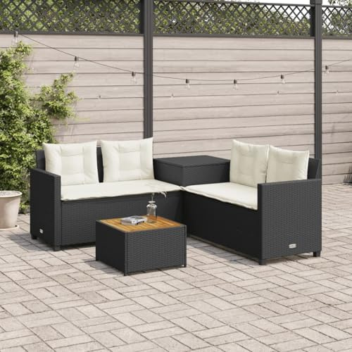 IKAYAA Conjunto Jardín de Ratán, Sofá de Esquina, Sofa Exterior, Conjunto Terraza en Acero y Resistente a la Intemperie, Muebles Jardín Exterior, 1 Sofá de Jardín, 1 Mesa, 1 Caja, Negro y Crema-2