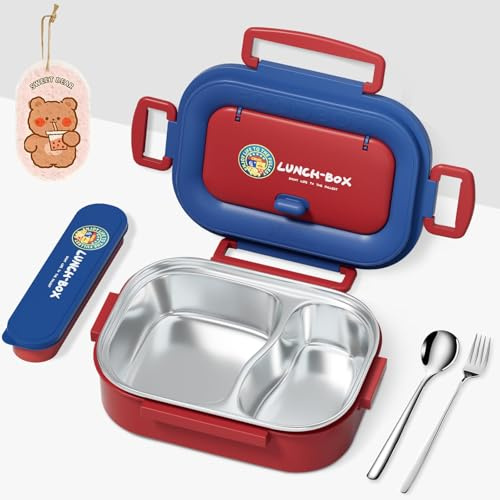 BBWELL Contenitore per il pranzo per adulti, in acciaio inox, per bambini, con scomparti, Porta Pranzo Campus - Porta Pranzo Bento per Bambini - Scomparto Bento e Forchetta - 1200 ml