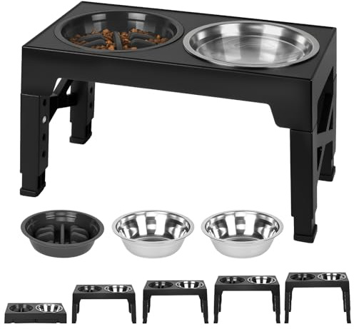 AUYAO Comedero Perro Elevado, con 2 Cuencos de Acero Inoxidable y 1 Bebederoo, Ajustable de 5 Alturas, Recipiente para Perros Pequeños, Medianos y Grandes