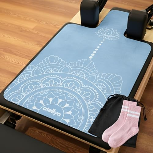 Atellya Pilates Reformer Mat With Yoga Socks Women & Mesh Bag Bundle - Lightweight Mat For Pilates - Non Slip Reformer Towel, Workout Mat For Pilates Socks With Grips Non Slip Reformer Cover (Blue)