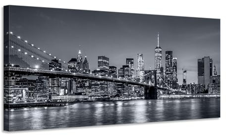 Generico New York skyline notturno in bianco e nero - Quadro stampa su tela con telaio in legno - 120x60 cm