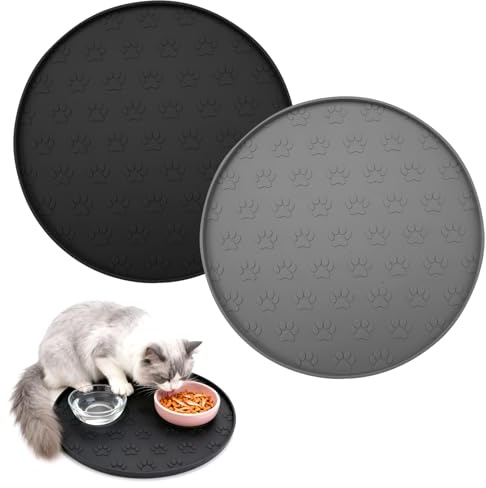 2 Pezzi Tappetino per Ciotola per Cani e Gatti, 27,5x27,5cm, Rotondo Sottociotola In Silicone, Bordi Rialzati per Contenimento Degli Schizzi, Tappetino Gatto Ciotole, Rutschfeste Hundenapf Unterlage