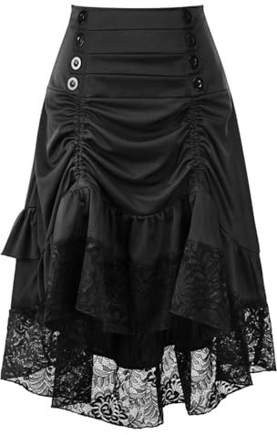 Falda Medieval Halloween Mujer Faldas Largas de Gótica Steampunk para Mujer, Falda Encaje Negra de Cintura Alta, Faldas Vintage Renacentista Pirata Victoriana Cosplay para Carnaval Halloween Disfraz