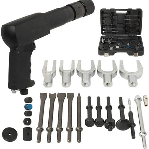 Pneumatic Air Hammer Chisel Kit, Heavy Duty Pneumatic Hammer Vibration Impact Tool Chisel Impact Tool Bit Kit, with 5 Chisels, Ball Joint Forks and Case for Motor Vehicles and Workshop Vehicles