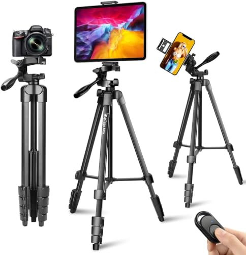 60 Camera Tripod for iPad & iPhone With 2 in 1 Holder for Smart Phone/Tablet/Webcam/GoPro, Carry Bag and Wireless Remote for Photography/Video
