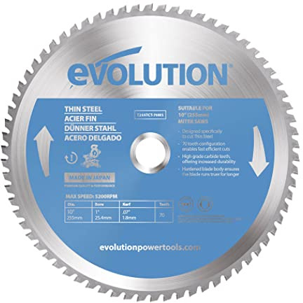 Evolution Hoja de sierra de 255 mm (T255TCT-70MS) de Evolution para cortar acero fino: la hoja de sierra de metal con punta de carburo no genera calor, rebabas ni chispas