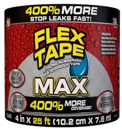Flex Tape, MAX, Original Thick Flexible Rubberized Waterproof Tape - Seal and Patch Leaks, Works Underwater, Indoor Outdoor - Home RV Roof and Pool Repairs, Black, 4 in x 25 ft, Pack of 1