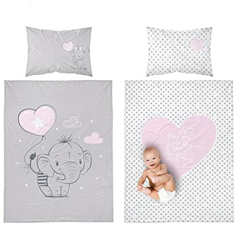 B4Beds Elephant Reversible Bedding Set for Baby Girls Cot Bed Duvet Cover & Pillow Case (100x135cm)