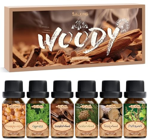 SALKING Woody Essential Oils Set, 100% Pure Fragrance Oil Aromatherapy Gift Set, Premium Scented Oils for Oil Diffusers 6 x 10 ML - Frankincense, Teakwood, Sandalwood, Cypress, Cedarwood, Patchouli