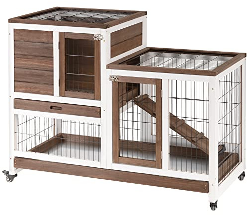 PawHut Wooden Indoor Rabbit Hutch Guinea Pig House Bunny Small Animal Cage W/Wheels Enclosed Run 110 x 50 x 88 cm, Brown