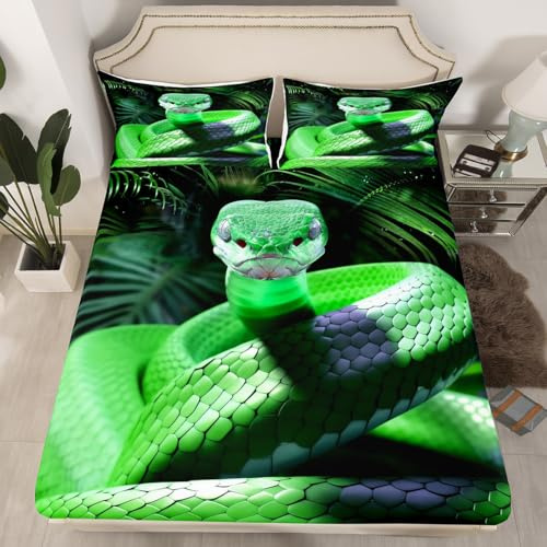 Snake Fitted Sheet Twin, Green Snake Bed Sheets for Kids Boys Teens Man, 3D Reptile Bedding Set, Green Scales Wild Animal Bed Sheet Rainforest Palm Leaf Stylish 2Pcs Bed Sheet Bedroom Decor