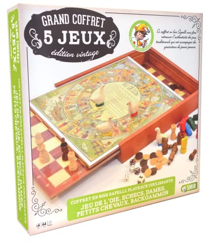 Smir - Sapelly-set i trä - 5 traditionella vintage spel - gåsspel - små hästar - schack - Backgammon - dam - skjutbara och vändbara brickor