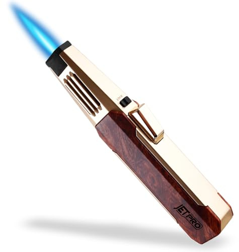 JETPRO Butan-Taschenlampe Feuerzeug Einhandbedienung Feuerzeug mit verstellbarer Strahlflamme Küche Kochfackel (Butangas nicht enthalten) (Holz)
