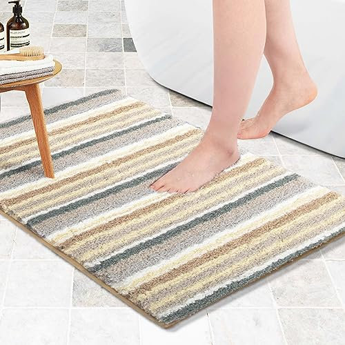 Carvapet rutschfest Badematte Badezimmerteppich Wasserabsorbierend Badvorleger Gestreifte Weiche Plüsch Mikrofaser Badteppich(51x81cm,Gelb)