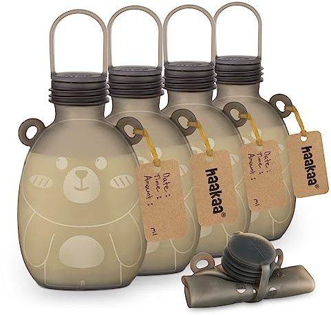 Haakaa Happii Bear - Bolsa de almacenamiento de leche materna de silicona, recargable, para puré de yogur, bolsa reutilizable para congelador, portátil y sin fugas, sin BPA, 9 onzas, 5 unidades