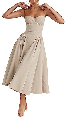 Women's Vintage Corset Dress Square Neck Bandage Slit Long Dress Sleeveless Lace Trim Swing Elegant Midi Party Cocktail Dress, gray, S