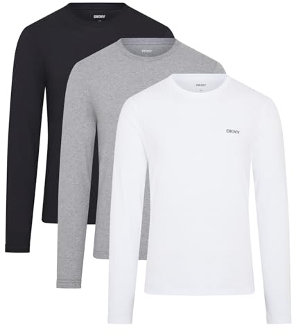 DKNY Hombres Camiseta de Manga Larga Negro/Blanco/Gris Paquete de 3 Grande