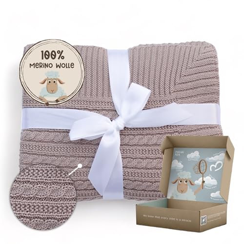 MIRARI Kinder Decke aus 100% Merino Wolle 75x100 cm mit Geschenk Box - Wolldecke für Babyschale - Kuscheldecke - Gestrickte Einschlagdecke - Kinderwagen Decke - Geschenk