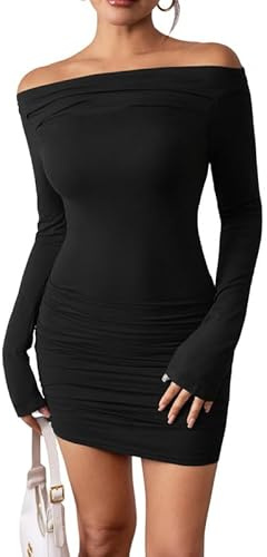 Haibang Robe Moulante à Manches Longues pour Femmes Mini Robe de Soirée Sexy Épaules Dénudées Robe Élégante Robe Courte Bodycon Dress Chic Et Glamour pour Soirée Cocktail Party Fête Club Décontractée