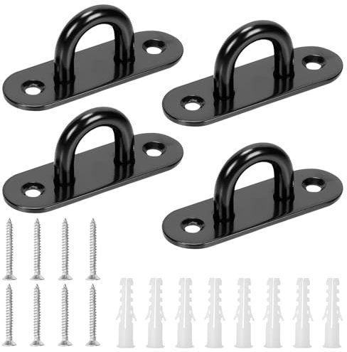 Swpeet Lot de 4 crochets ovales M8 en acier inoxydable 304 noir avec vis et ancrages en plastique, crochets de quincaillerie marine, crochets de plafond en U pour sécuriser la suspension