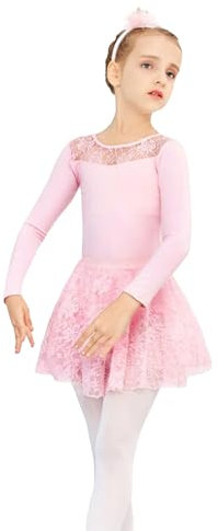 Wisebom Kinder Ballettkleidung Mädchen Ballettkleid aus Baumwolle Tanzbody Mädchen Langarm Balletttrikot mit Spitze Rock Tütü (DE/NL/SE/PL, Numerisch, 130, Regular, Rosa)