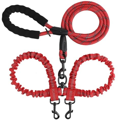 Double Dog Leash for Two Dogs, Reflective Shock Absorbing Bungee Dual Dog Leashes Lead 360° Swivel No Tangle for Small Medium Large Dogs Walking Training (Red)
