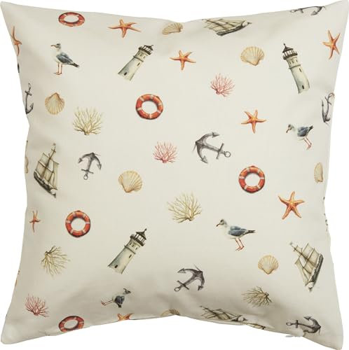 Erwin Müller Kissenhülle, Kissenbezug maritim, Leuchtturm, Segelboot und Muscheln bunt Größe 40x40 cm - Robustes Canvas-Gewebe, pflegeleicht und strapazierfähig