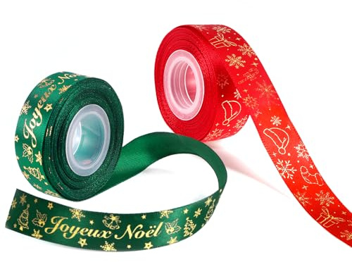 DPKOW 18.3m Français Ruban Noël Rouge Vert Bolduc Ruban pour Cadeau Emballage Noël Noeud Sapin Déco Guirlande, Satin Bolduc pour Noel Bricolage Artisanat Couture, 2 Rouleaux (9.14m/Rouleaux)