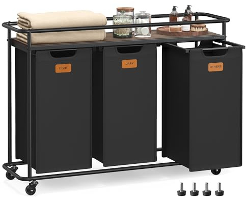 VASAGLE Wäschesammler mit Rollen, Wäschekorb 3 Fächer, 150 L, Wäschesortierer mit Ablage, Wäschewagen, abnehmbare Taschen, 6 Etiketten, Waschküche, tintenschwarz-aschbraun BLH103BH01