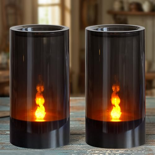 Bryxidor LED Flickering Battery Operated Candles with Novel Flame-Shaped Wick, 2pcs Acylic 8cm x15cm Grey Flameless Plasitc Pillar Fake Electric Candles for Centerpiece Decor