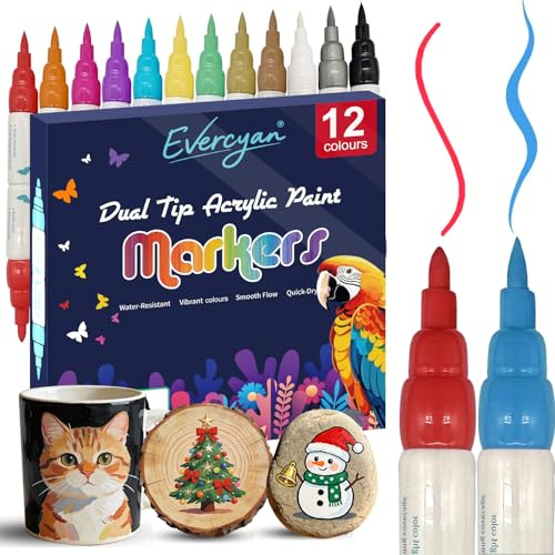 Evercyan 12 Colour Acrylic Paint Markers, Dual Tip (Brush & Bullet), Quick-Dry Water-Resistant Acrylic Paint Pens for Adults, Artists & Crafters, for Canvas, Fabric, Glass, Wood & Paper Art