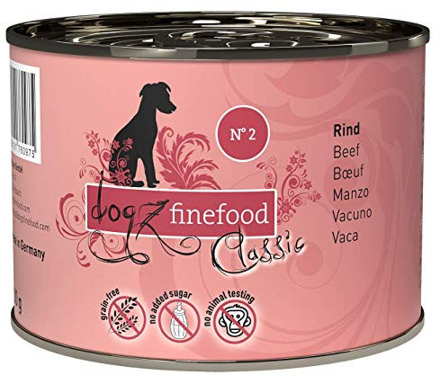 dogz finefood Hundefutter nass - N° 2 Rind - Feinkost Nassfutter für Hunde & Welpen - getreidefrei & zuckerfrei - hoher Fleischanteil, 6 x 200 g Dose