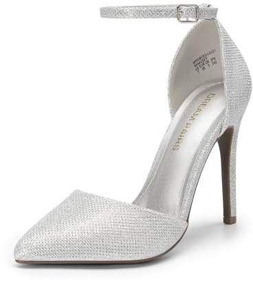 DREAM PAIRS Dam spetsig tå ankelrem högklackade pumps klänning hovskor, Silverglitter, 40 EU