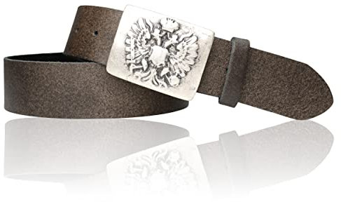 FRONHOFER Trachtengürtel Herren Echtleder 4 cm mit österreichischem Doppeladler Altsilber Schnalle 5 x 7 cm Druckknopf zum Wechsel für Lederhose und Jeans