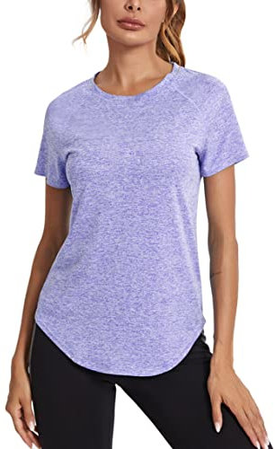 Wayleb Sport Tshirt Damen Locker Sport Oberteile Kurzarm Rundhals Leichtes Laufshirt Fitness T-Shirts Sportoberteile Trainingsshirt Gym Longshirt Tops, Lila XXL