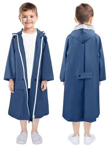 LAMA Regenmantel Kinder, Regenponcho Mädchen Leichter Kinder Regenjacke, Wiederverwendbar Regenbekleidung Regencape mit Kapuze & Rucksackabdeckung, Raincoat für Fahrrad Wandern Camping, Navy Blau XL